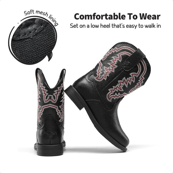 Toddler Kids Cowboy Boots Western Mid Calf Square Toe Riding Boots for Boys Girl - Picture 5 of 7